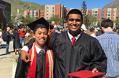 University of Utah Mechanical Engineering B.S. 2017 graduates Jeppesen Feliciano and Vignesh Sivaramakrishnan immediately following the May 5, College of Engineering Convocation Ceremony.