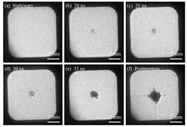 Captured images of a spallation event using a laser energy of 0.174 J/mm2 (a) stationary image, (b) time delay of 20 ns showing the initiation of the spallation event, (c) time delay of 25 ns, (d) time delay of 30 ns, (e) time delay of 35 ns showing the complex failure outline that develops during spallation, and (f) post mortem image of a failed Silicon wafer substrate and reflective aluminum film.